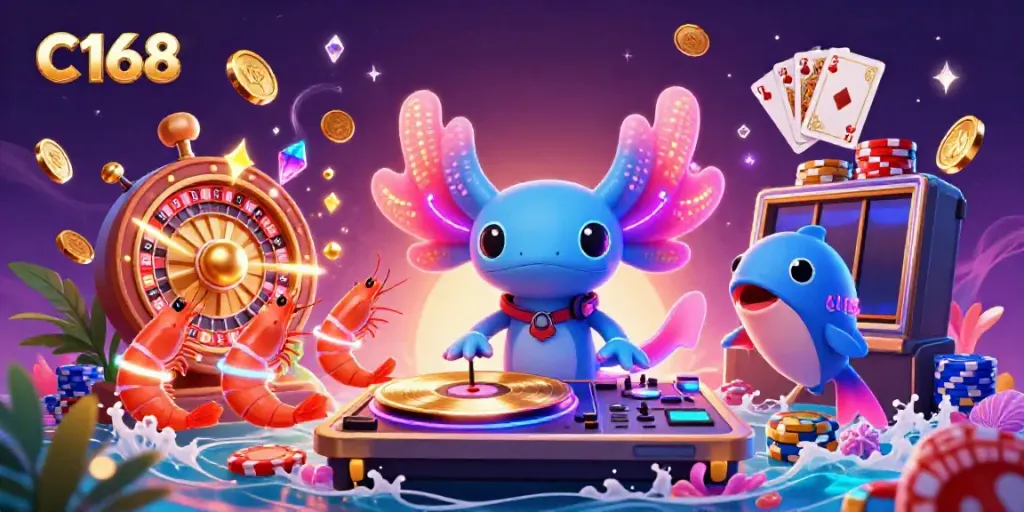 C168 delivers an immersive casino experience with a neon axolotl DJ and vibrant gameplay elements.