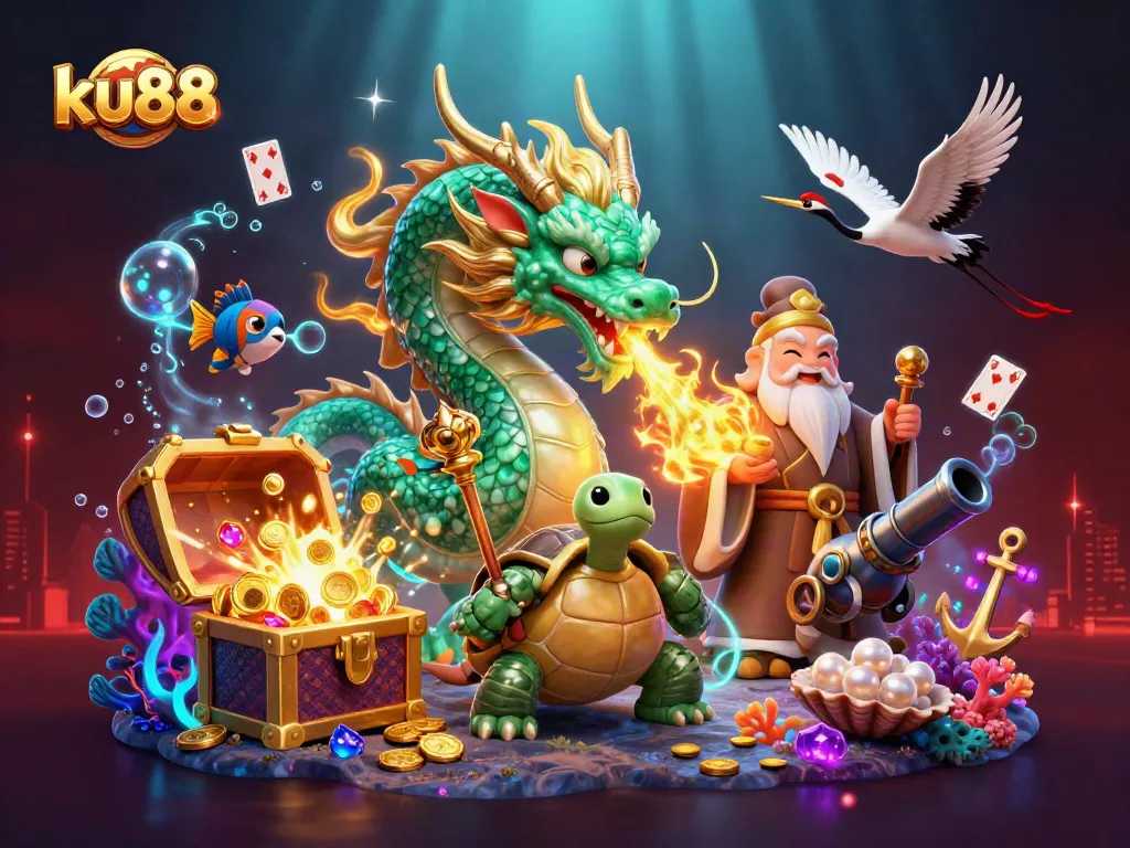 Experience thrilling luck with ku88, showcasing a dragon, turtle sage, and lucky cranes in a casino adventure.