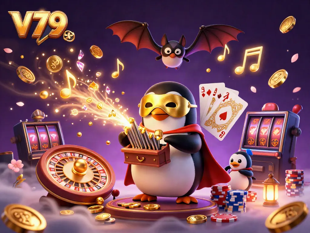 Engage in thrilling gameplay with V79 featuring a whimsical penguin at an organ showering coins.