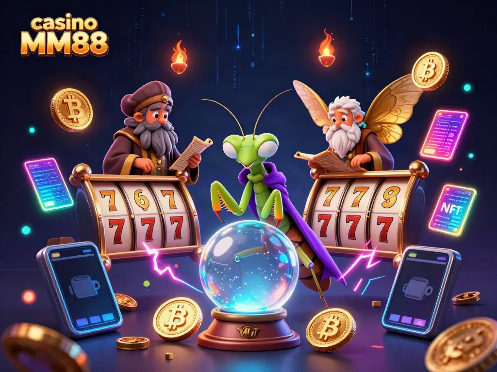 Experience the excitement of casino MM88 with 3D characters engaged in magical fortune-telling amid vibrant slot game elements.