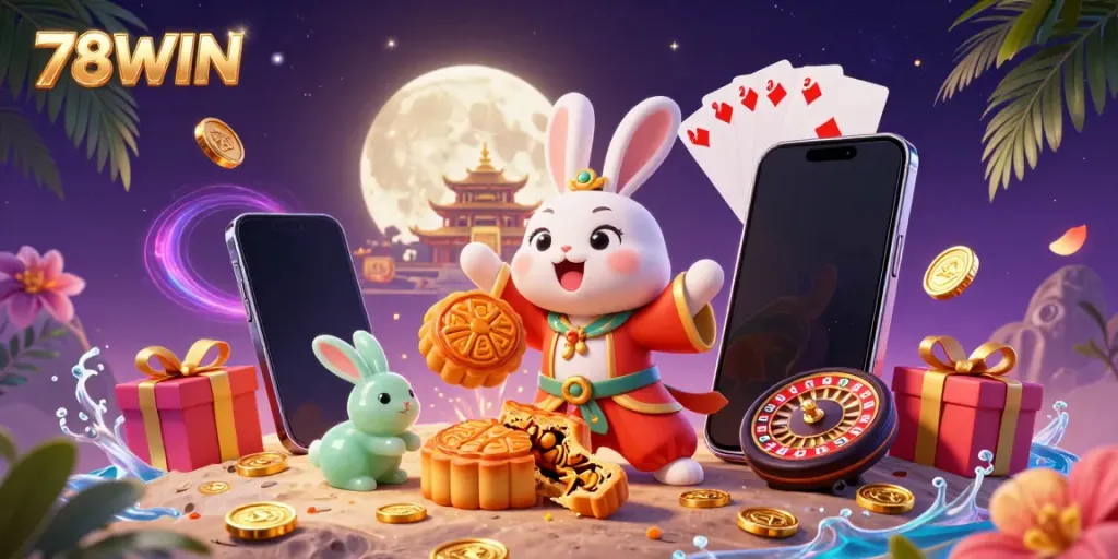 Experience thrilling online gaming with 78WIN as the moon rabbit celebrates with poker chips and slot games.