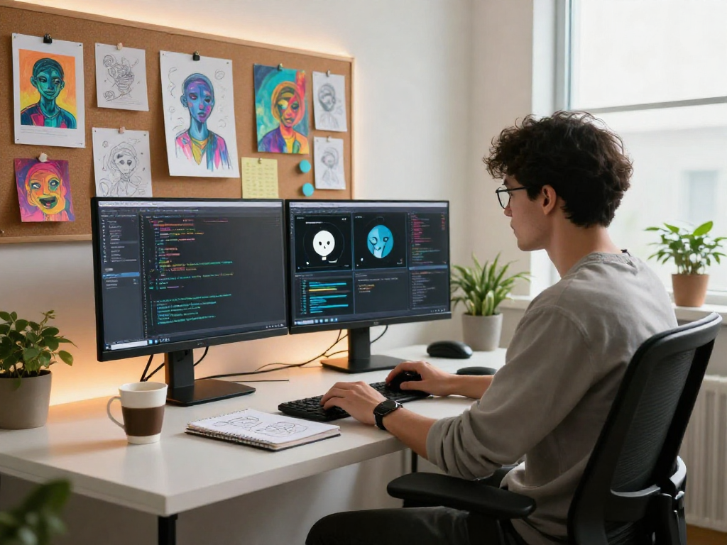 Innovative artist designing nsfw ai chatbot in contemporary digital studio.