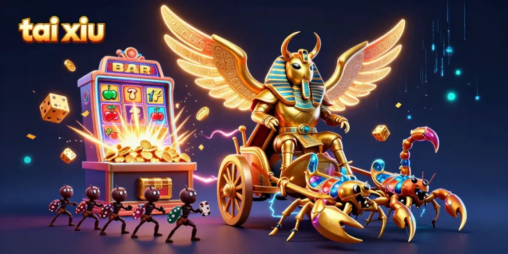 Engage in tai xiu excitement with dazzling golden scarab and jackpot symbols in a vibrant casino scene.