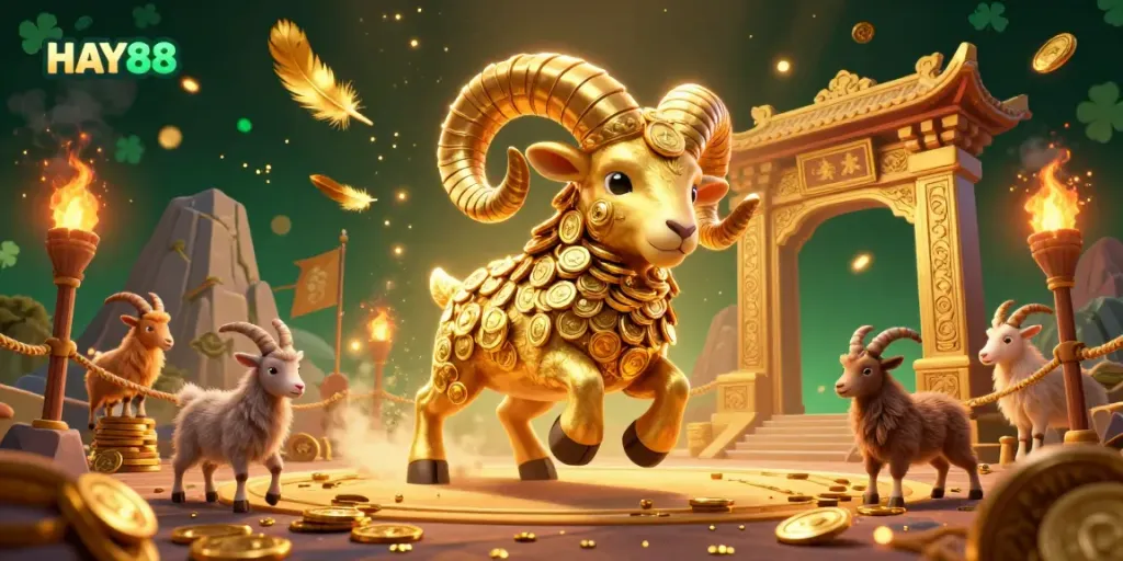 Experience the thrill of HAY88 with a golden ram charging through a vibrant casino scene filled with festive elements.