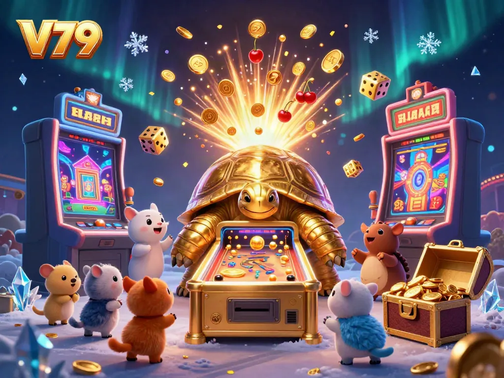 Experience vivid gaming action at V79 with a vibrant casino scene featuring a colossal gold tortoise and jackpot rewards.
