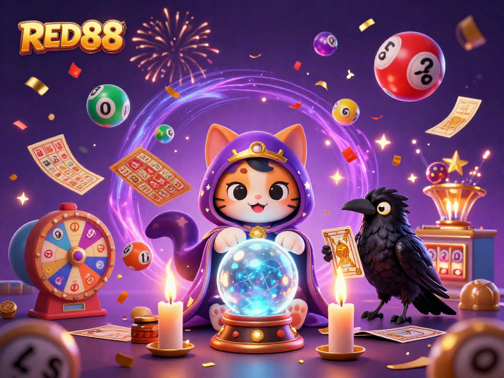 Engage with RED88's exciting gaming experience featuring mystical characters, vibrant lottery elements, and a dynamic casino atmosphere.