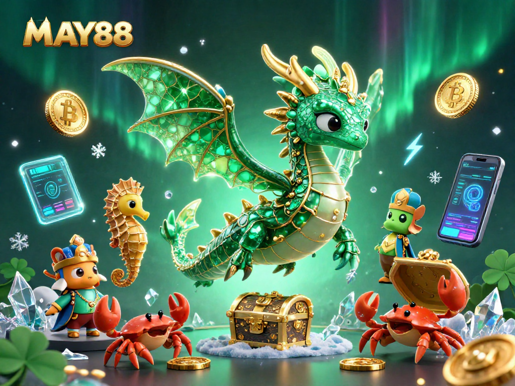 MAY88 showcases captivating 3D casino illustration featuring a leafy sea dragon, royal seahorse guards, and treasure in a crypto theme.
