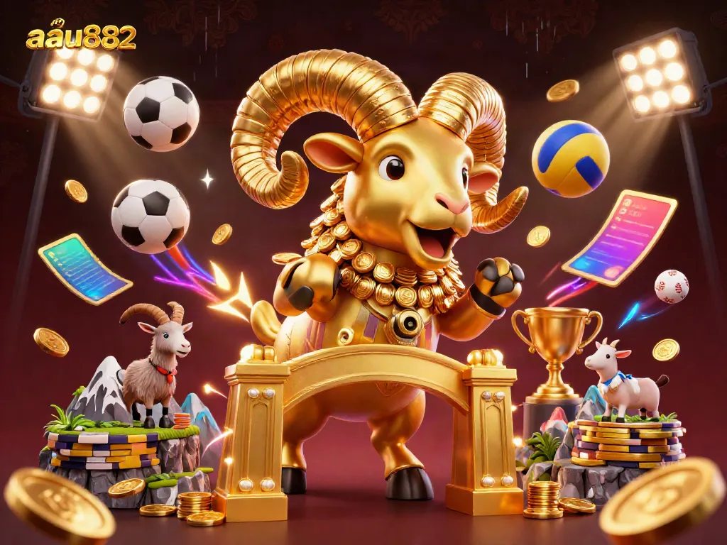 Exciting scene showcasing aau882 with a golden ram charging through a casino setting featuring flying sports balls and dynamic energy elements.