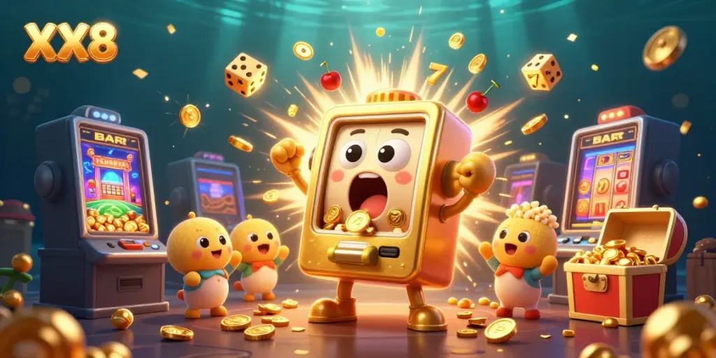 Celebrate winning moments at XX8 with a lively golden slot machine and colorful casino elements.