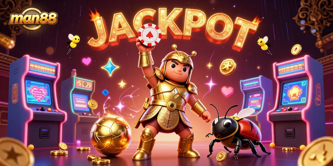 man88 elevates excitement in a vibrant 3D casino scene with a victorious beetle and glowing jackpots.