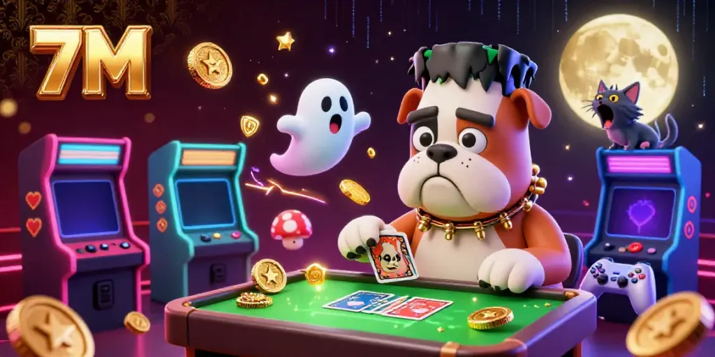 Engage in thrilling gaming action with 7M as a Frankenstein bulldog deals cards amidst a vibrant casino atmosphere.