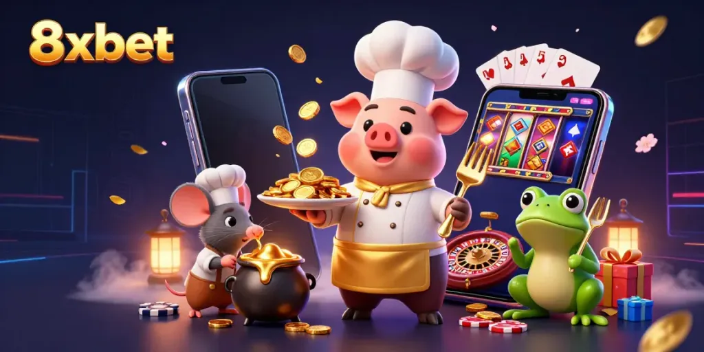 Engage with 8xbet through an entertaining scene showcasing a chef pig and friends with coins and gaming elements
