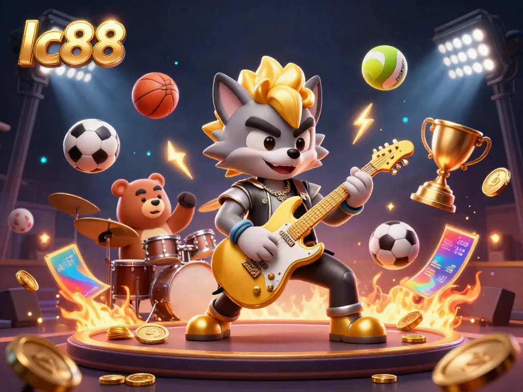 Immerse in the excitement of lc88 with this vibrant 3D scene showcasing dynamic sports elements and cartoon characters.
