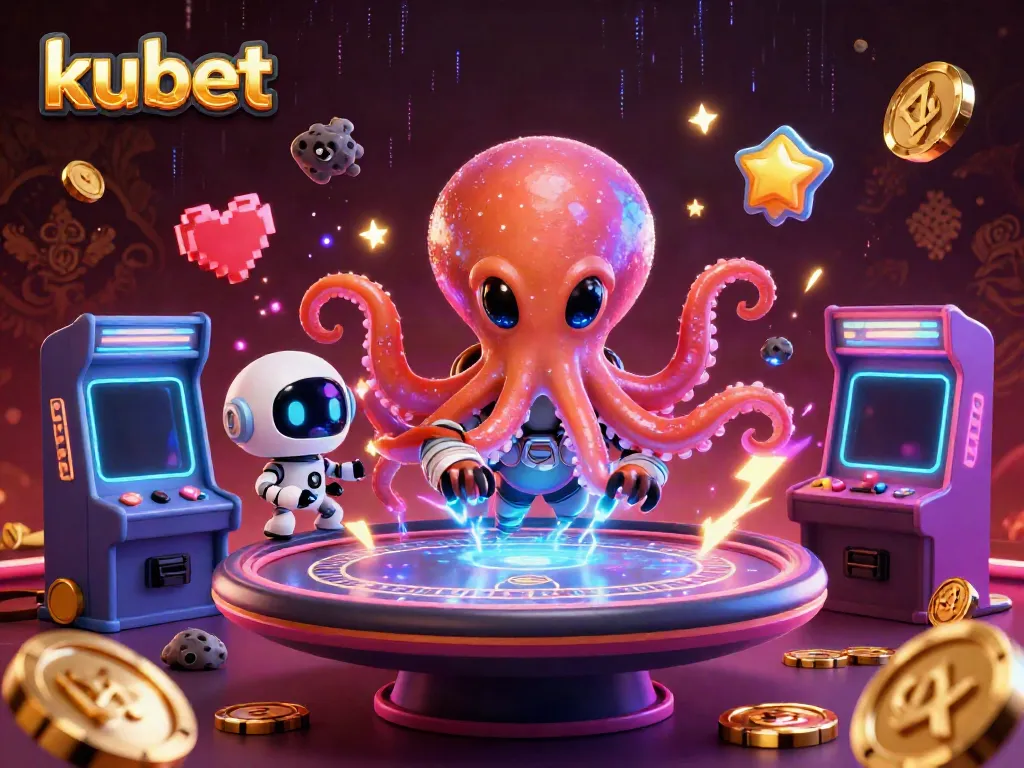 Engage with kubet's exciting 3D alien octopus poker scene featuring vibrant casino elements.