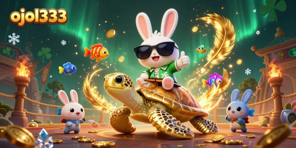 Experience the thrill at ojol333 as the lucky rabbit celebrates on a gold sea turtle amidst vibrant casino elements.