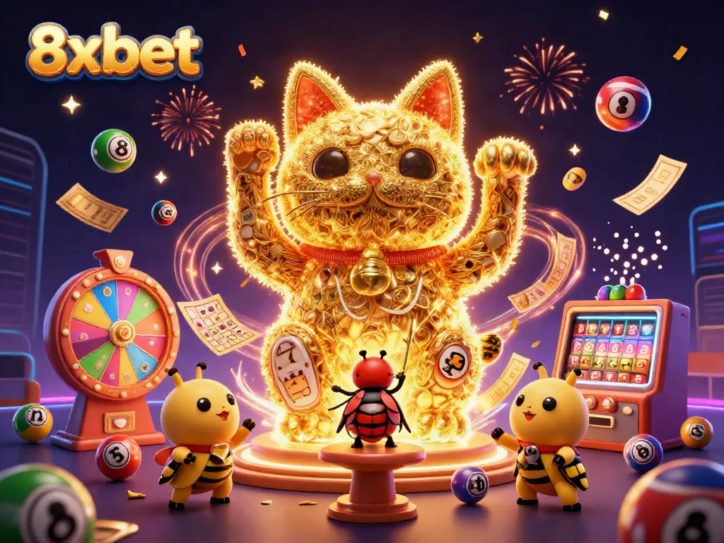 Experience the thrill of winning with 8xbet's vibrant and dynamic lottery scene, featuring lucky symbols and celebration.