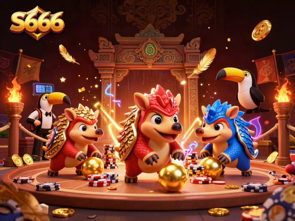 S666 pangolins in an energetic casino showdown, rolling golden balls while competing with poker chips.