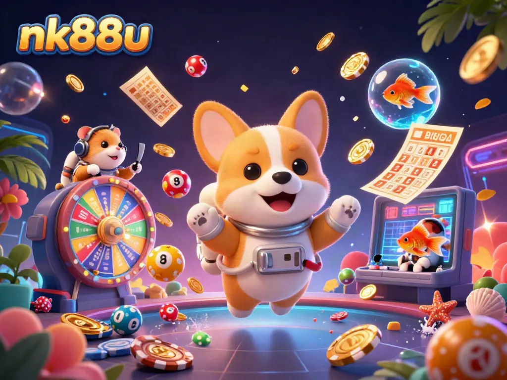 Engage in thrilling gaming adventures at nk88u with a cartoon astronaut corgi inside a space casino.