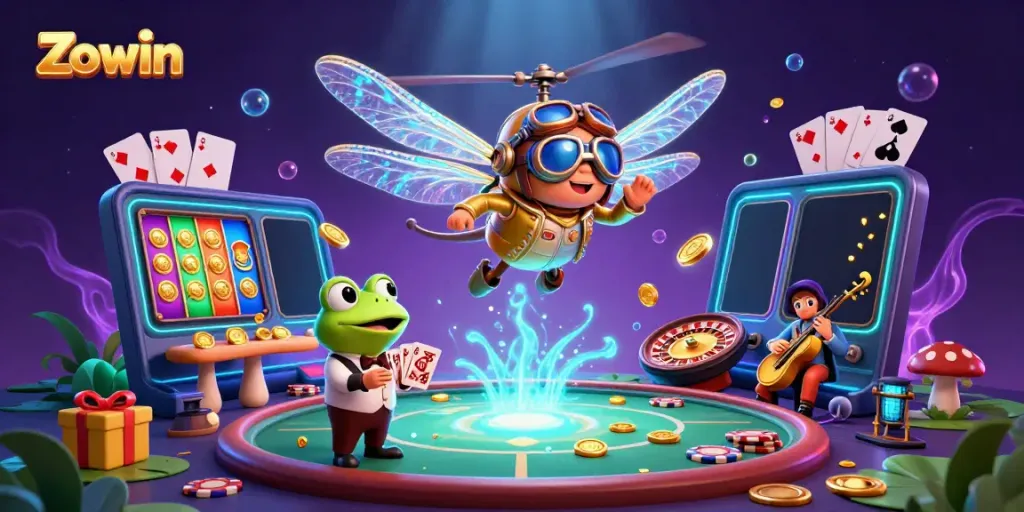 Zowin offers thrilling gaming experiences with vibrant dragons and card games in a lively skewed casino scene.