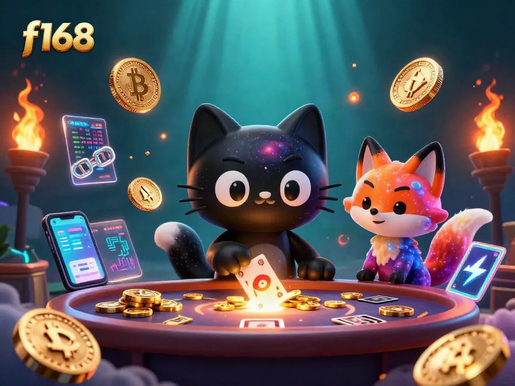 Experience f168's cosmic casino magic with cartoon characters pulling in golden chips and crypto coins.