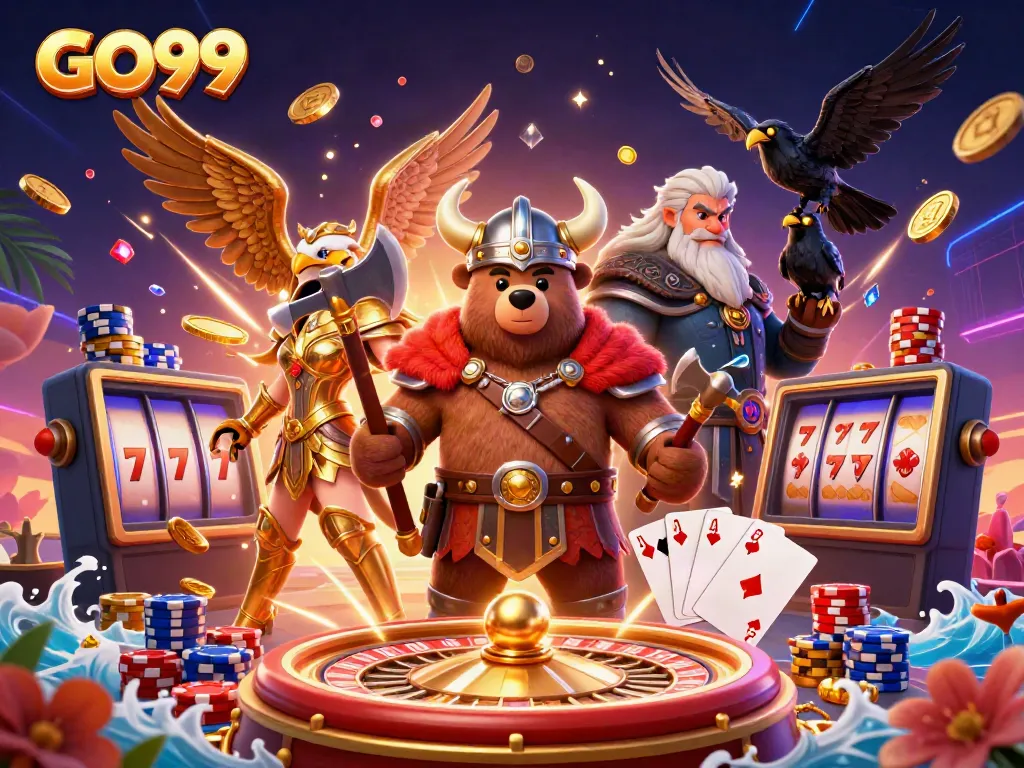 Experience thrilling gameplay with GO99 while vibrant coins and gems cascade around exciting characters.