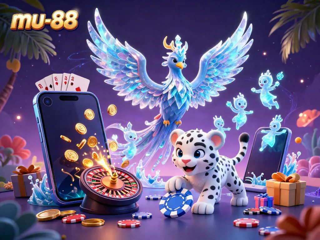 Experience the thrill of mu-88 with a dynamic scene of colorful gaming elements and whimsical characters.