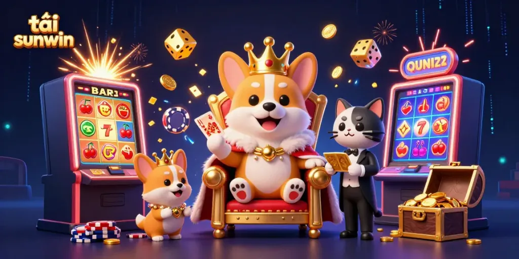 Experience the thrill of tải sunwin with lively corgi characters amidst animated casino elements.