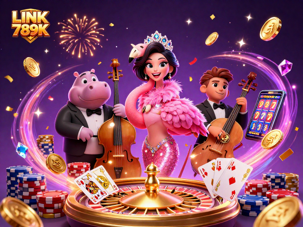 Get excited at LINK 789K with this vibrant casino scene featuring lively characters and dynamic game elements.