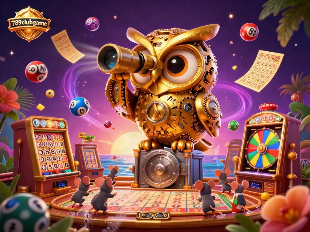 Capture the thrilling atmosphere of 789clubgame with vibrant lottery elements and a majestic golden owl in a casino setting.