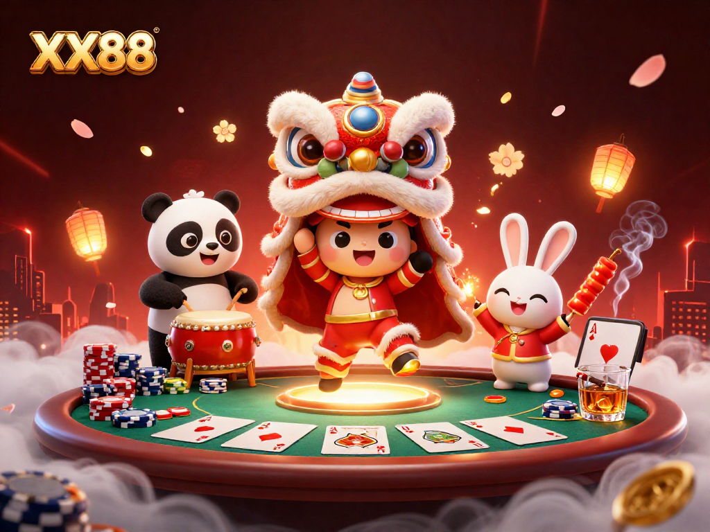Engage in thrilling gameplay at XX88 with vibrant lion dance and poker elements in 3D illustration.