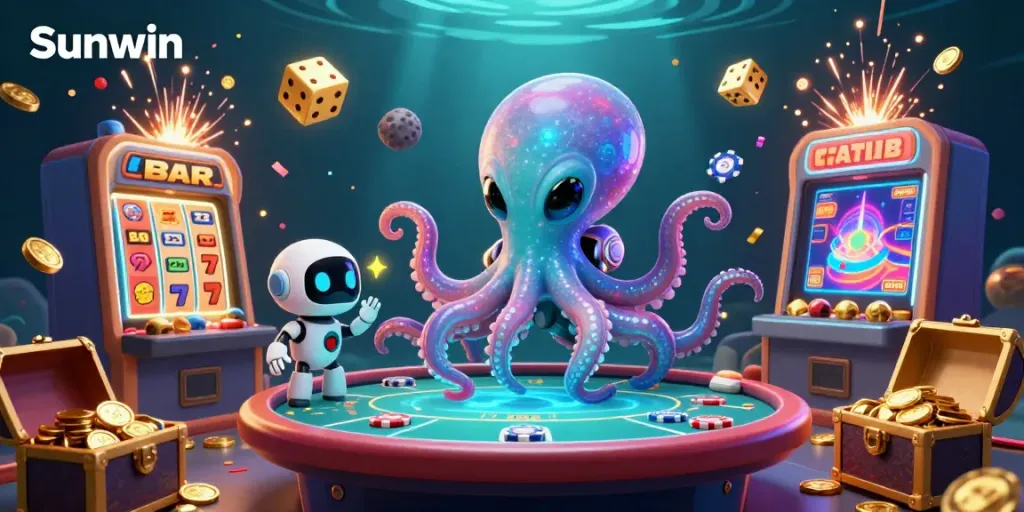 Engage in thrilling gaming at Sunwin with an animated alien octopus at a holographic poker table.