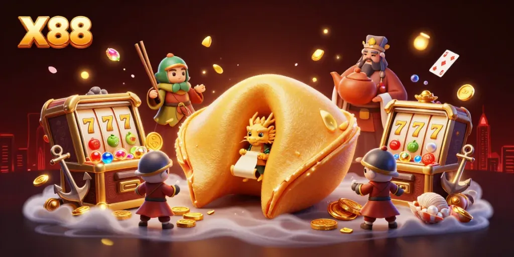 X88 offers an exciting casino experience with a golden fortune cookie, slot machines, and dynamic characters.