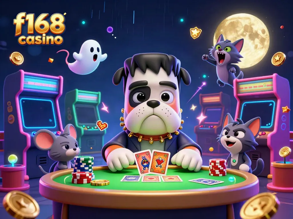 Engage in thrilling f168 casino action with a lively scene featuring unique characters and vibrant casino elements.