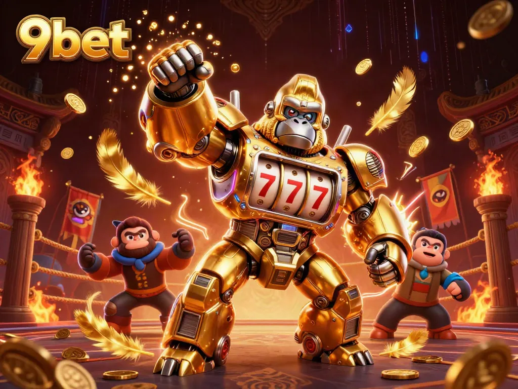 Engage with 9bet in thrilling gameplay with a dynamic 3D illustration of a mech and pilot.