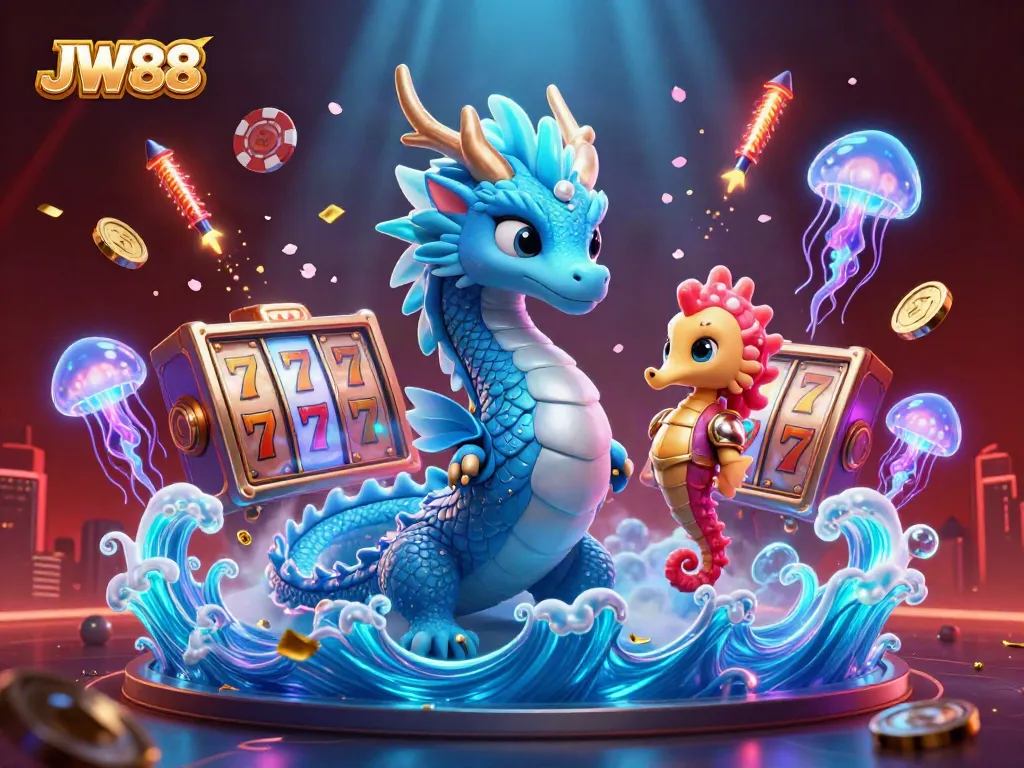 Experience the thrilling atmosphere of JW88 with a vibrant 3D casino scene including a majestic water dragon and colorful slot elements.