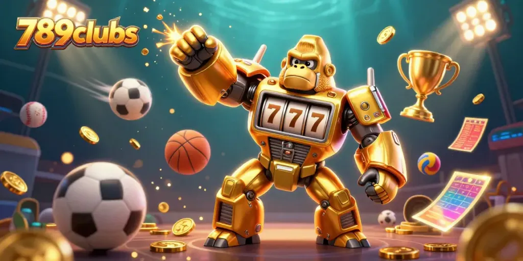 Experience thrilling gameplay with 789clubs vibrant casino artwork featuring a dynamic gorilla mech surrounded by sports elements.