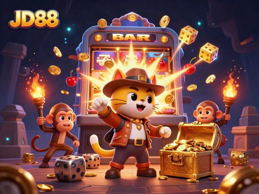 Experience the thrill of JD88 with an adventurous cat finding casino treasures.