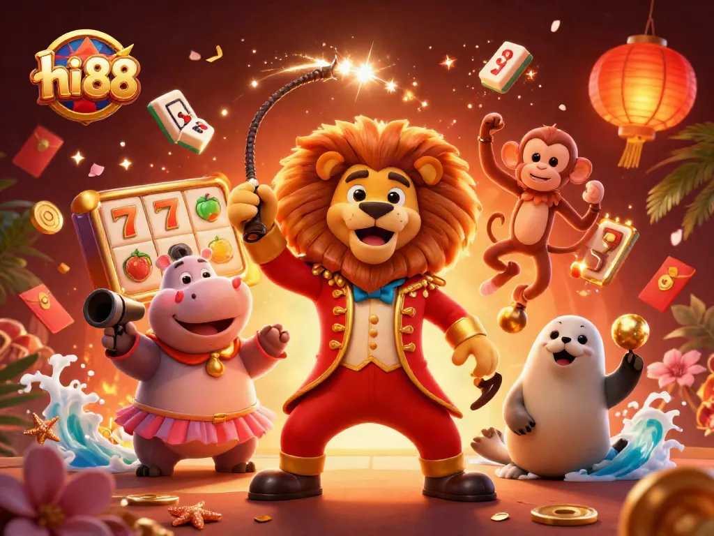 Win big with hi 88 in this vibrant casino scene of spinning reels and playful characters.