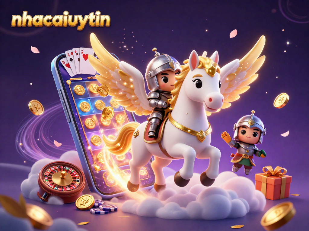 Experience the thrill of nhacaiuytin with a magical casino scene featuring a galloping celestial horse and gaming elements.