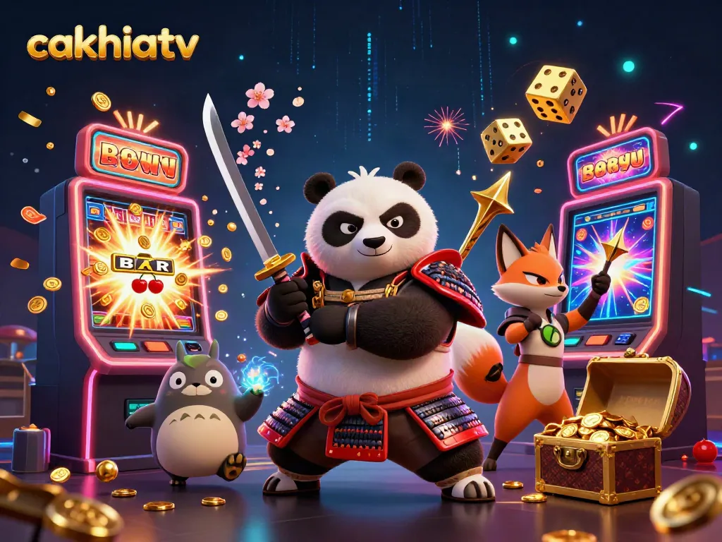 Experience exhilarating gaming with cakhiatv featuring a samurai panda, ninja fox, and magical tanuki.
