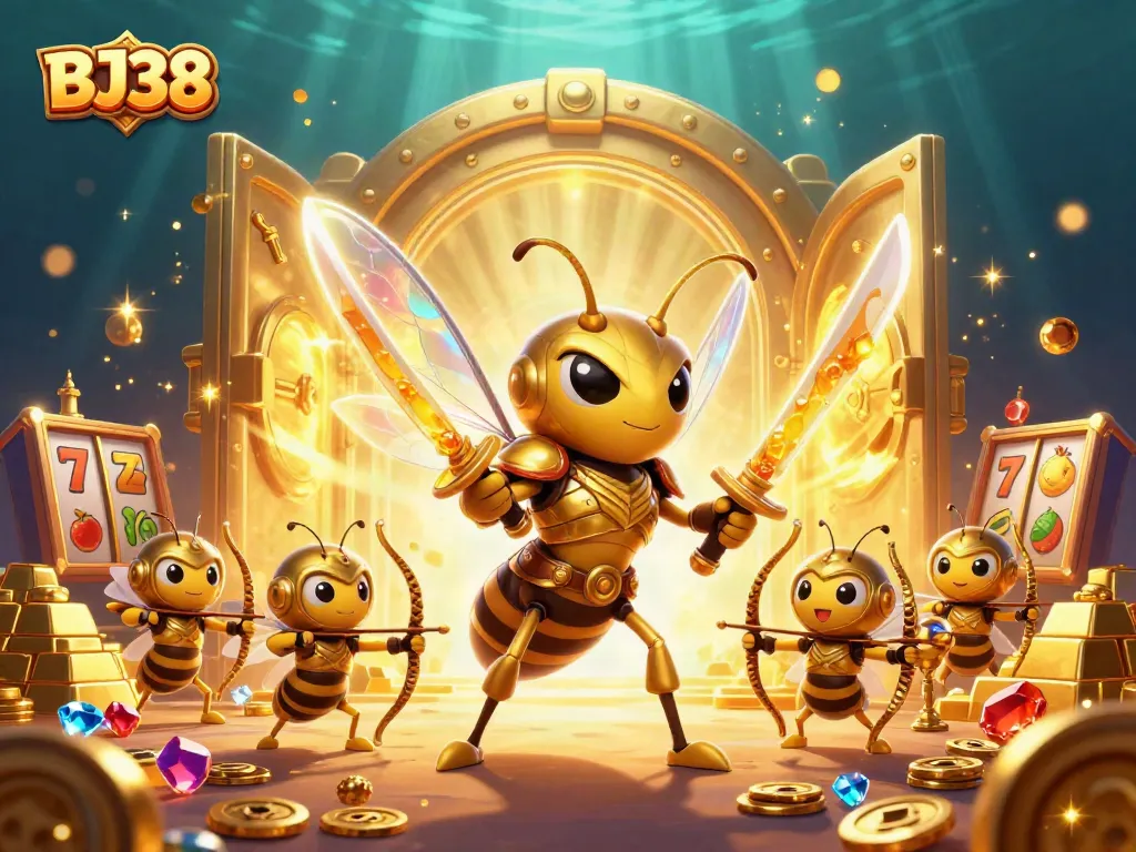 BJ38 immerses players in a vibrant casino scene filled with slot reels and treasures.