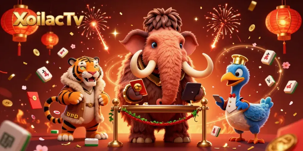 XoilacTv's vibrant casino atmosphere features a woolly mammoth bouncer checking IDs with festive decorations.