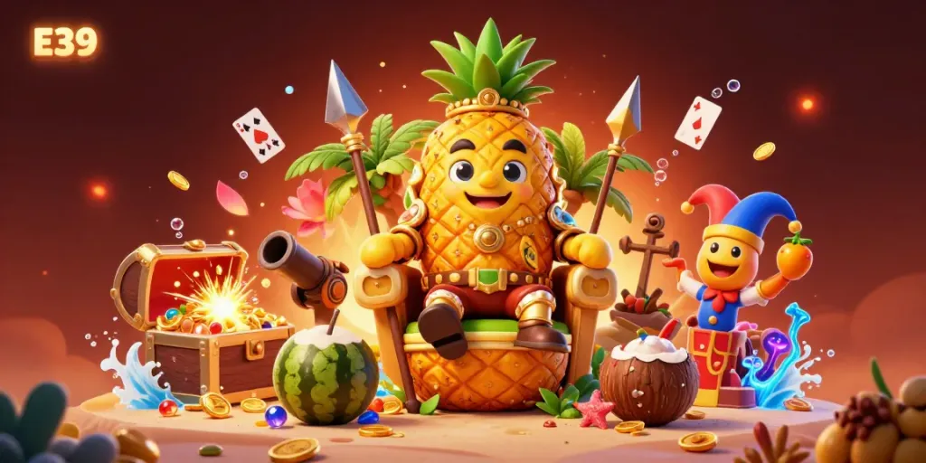 Experience vibrant gameplay at E39 with a tropical casino scene featuring cartoon characters and treasure elements.