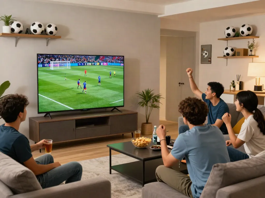 Socolive football viewing party in a lively modern living room with friends enjoying the match.