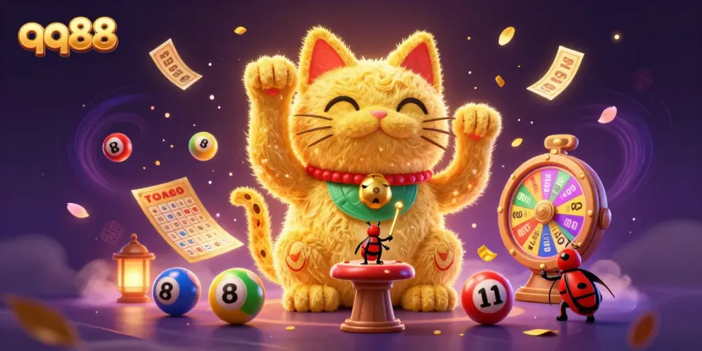 Experience the qq88 excitement with a golden lucky cat and vibrant lottery elements dancing in a rich casino atmosphere.