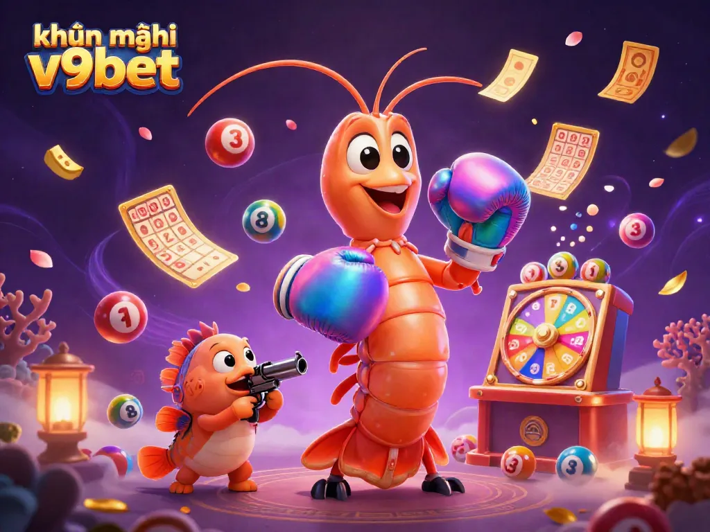 Experience exciting khuyến mãi v9bet with vibrant lottery elements and engaging shrimp characters.