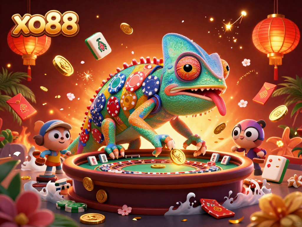 Engage with the vibrant world of xo88's online casino featuring a colorful chameleon owner and dynamic gaming elements.