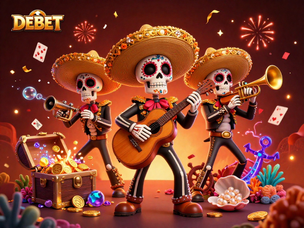 Engage with DEBET in this lively 3D illustration of a mariachi band amidst vibrant casino elements.