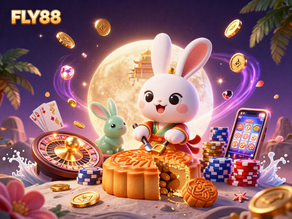 FLY88 features a moon rabbit pounding mooncakes revealing casino chips among dynamic casino elements.