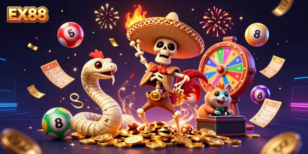 Join the explosive excitement with EX88's vibrant gaming celebration, showcasing the joyful mariachi rooster and fun characters.